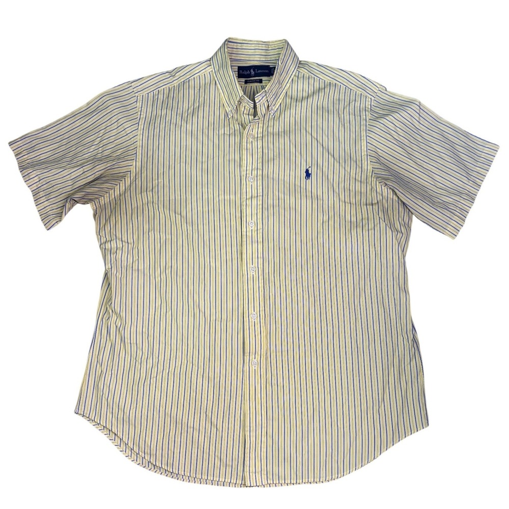 Polo Ralph Lauren Button Down Shirt Mens L Yellow Blue Striped Classic Fit SS